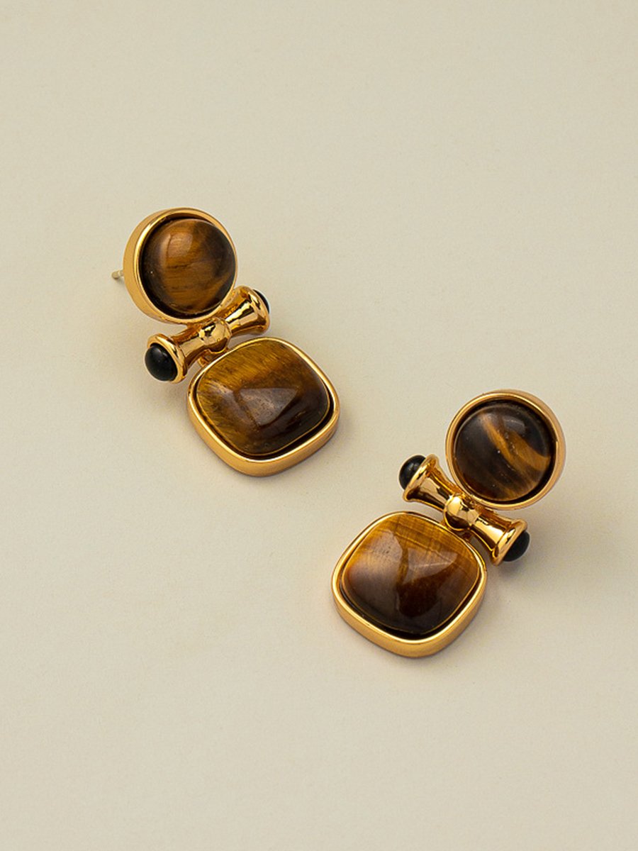 Retro Light Luxury High-end Natural Tiger Eye Stone Earrings - By Qivii