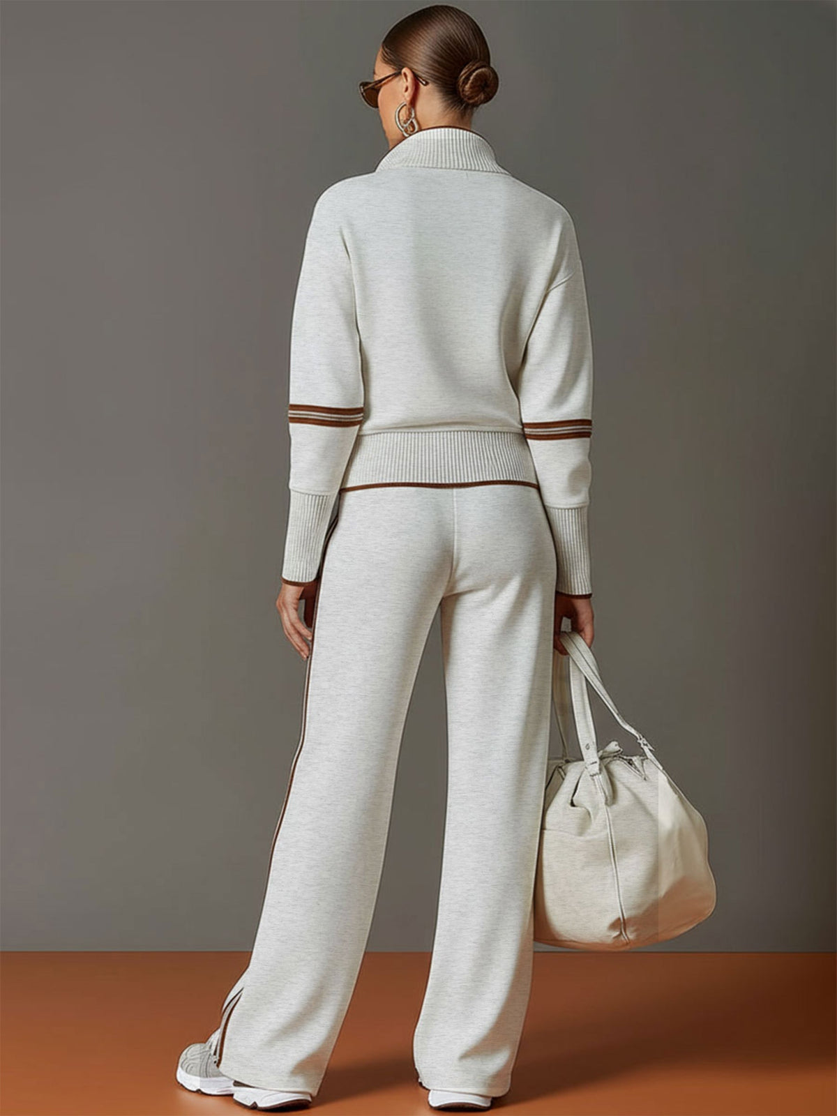 Retro Sporty Webbing Grey-white Half-zip Sweatshirt And Wide-leg Pants Set - By Qivii