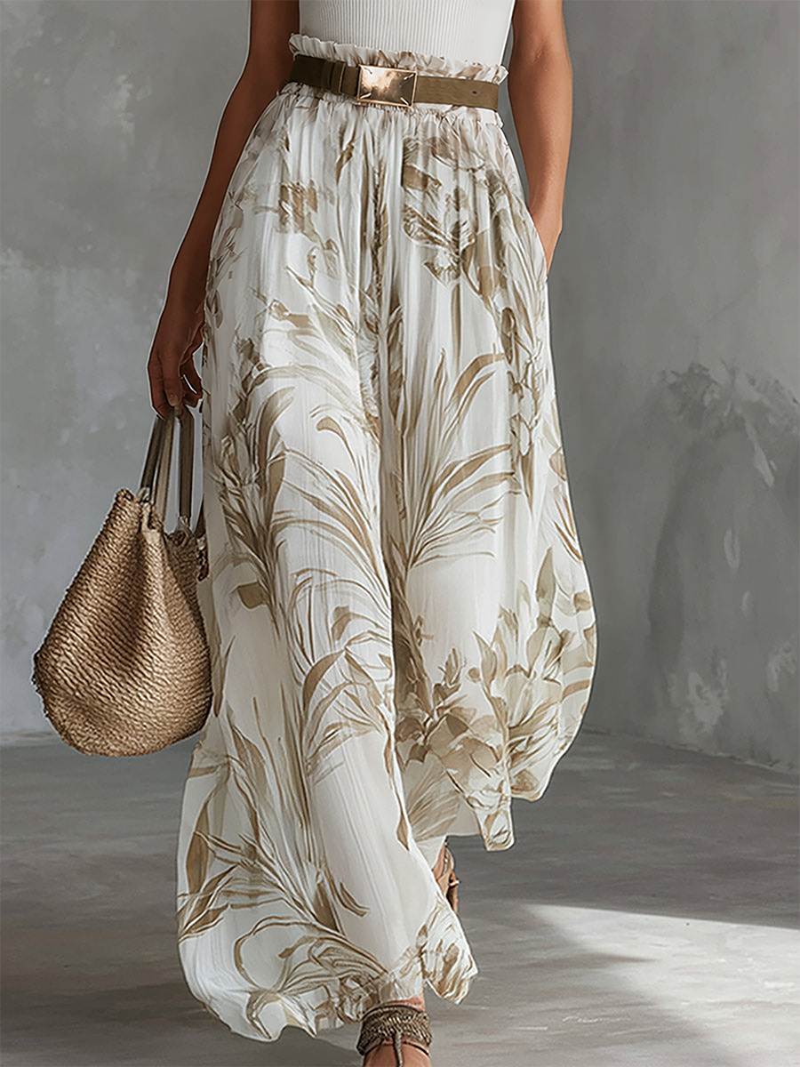 Elegant White Printed Chiffon Wide-Leg Pants - By Qivii