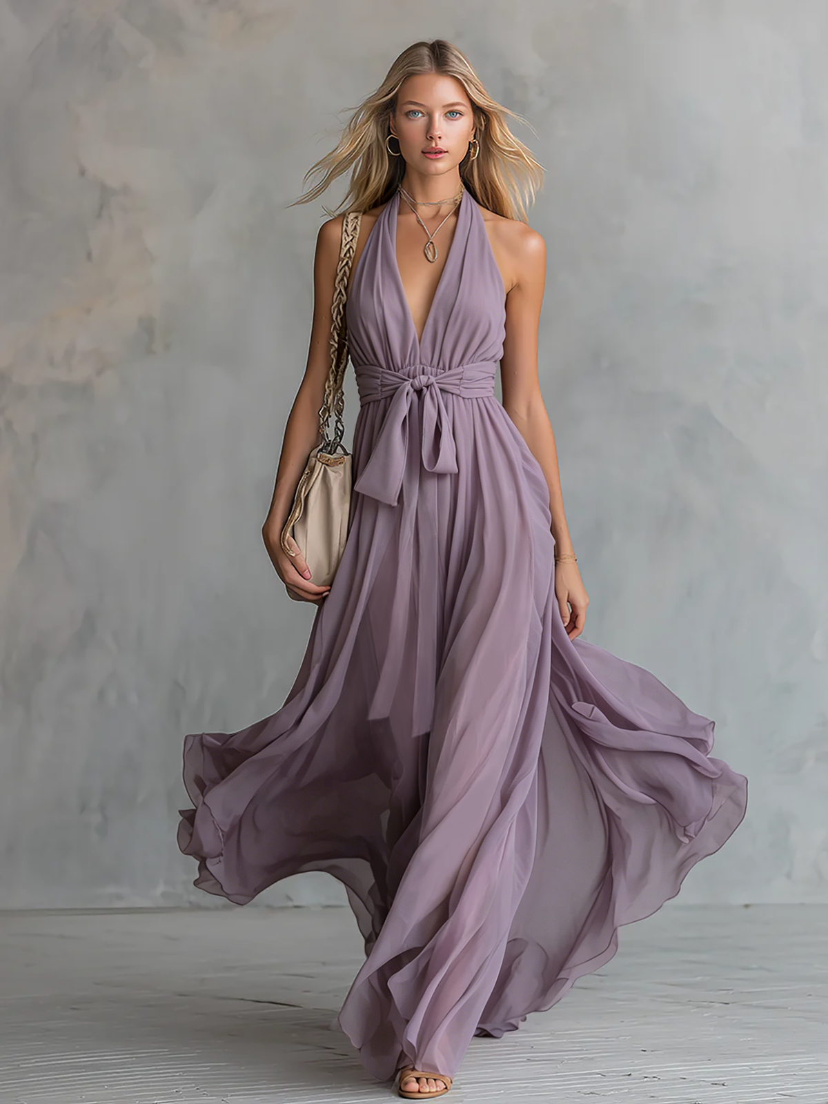 Elegant And Stylish Halter Neck V-neck Sleeveless Chiffon Maxi Dress - By Qivii