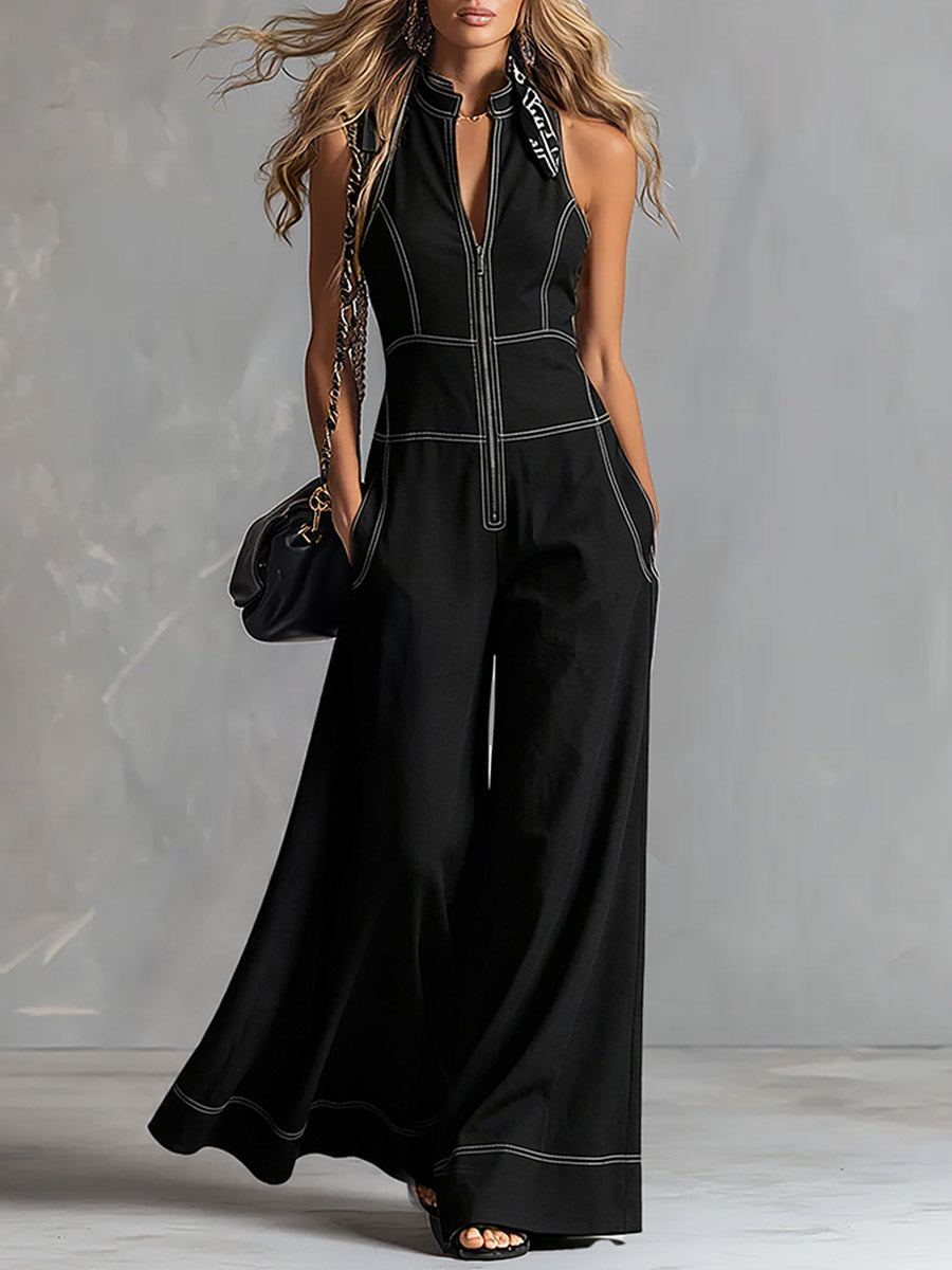 Stylish And Elegant Front-zip Black Tencel Denim Sleeveless Wide-leg Jumpsuit - By Qivii