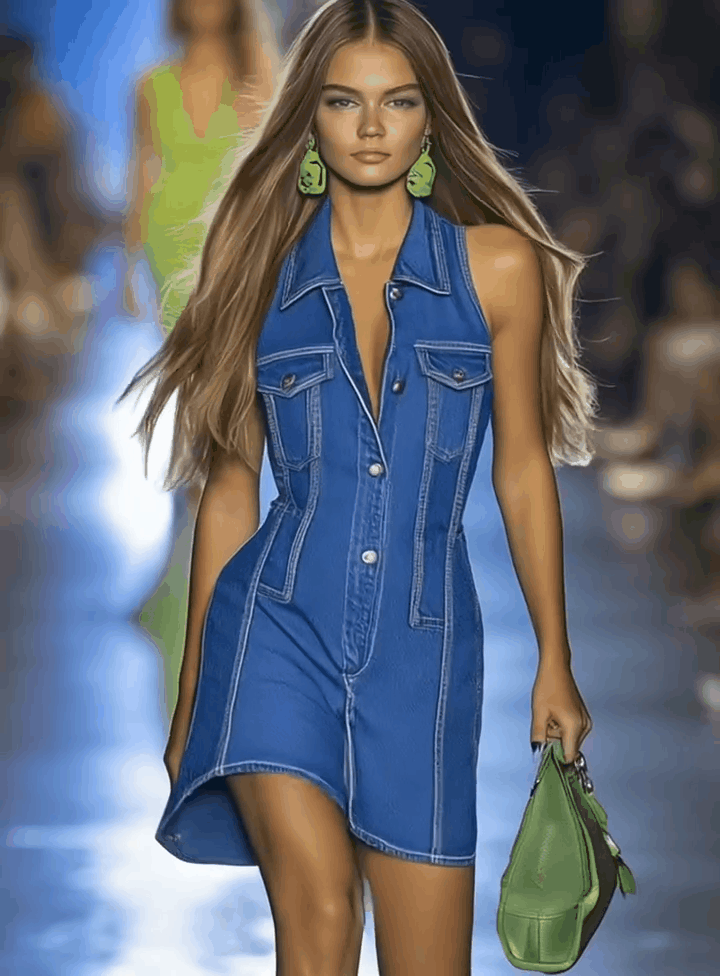Premium Denim V-Neck Zipper Mini Dress - By Qivii