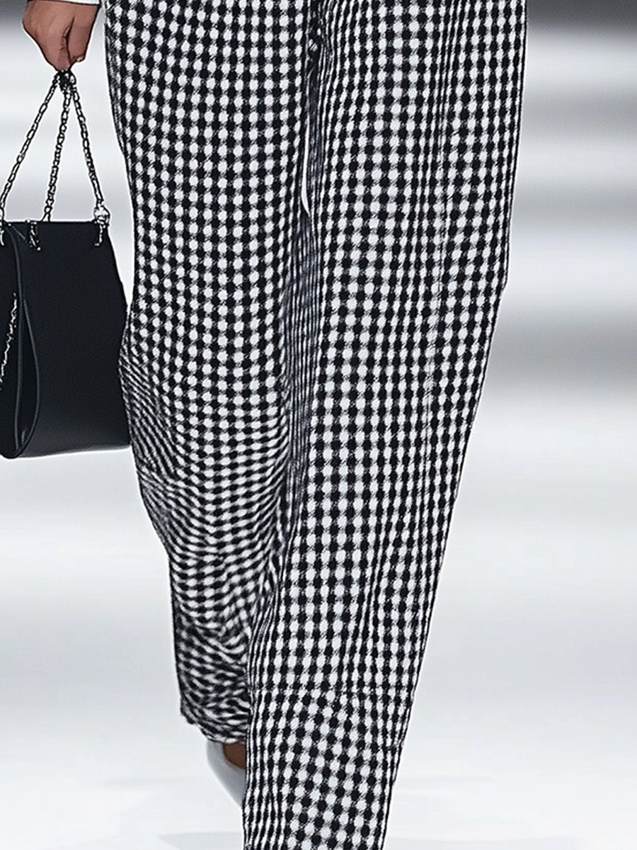 Fashion Retro Houndstooth Pocket Straight Pants - By Qivii