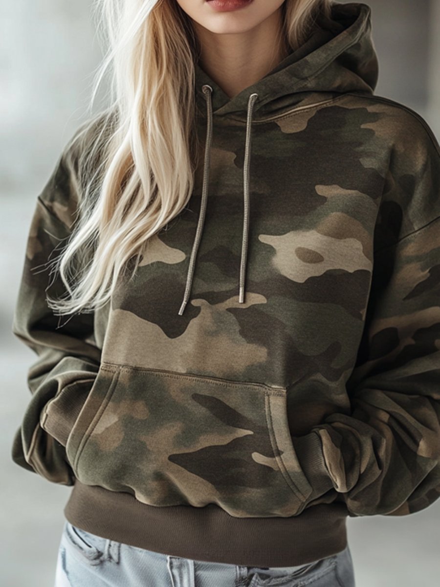 Vintage Casual Pocket Hooded Camouflage Sweatshirt - By Qivii