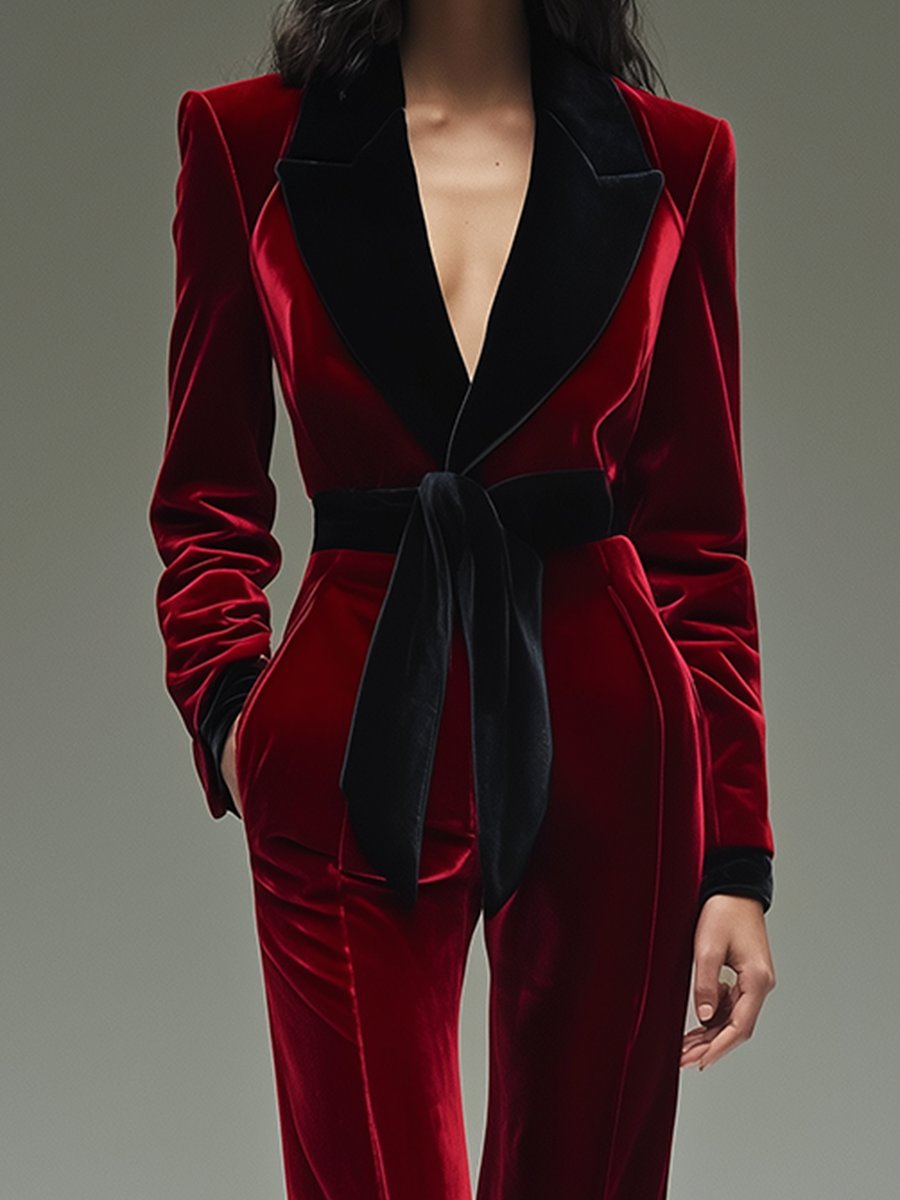 Retro Fashion Lapel Belt Different Color Velvet Stitching Jumpsuit - By Qivii