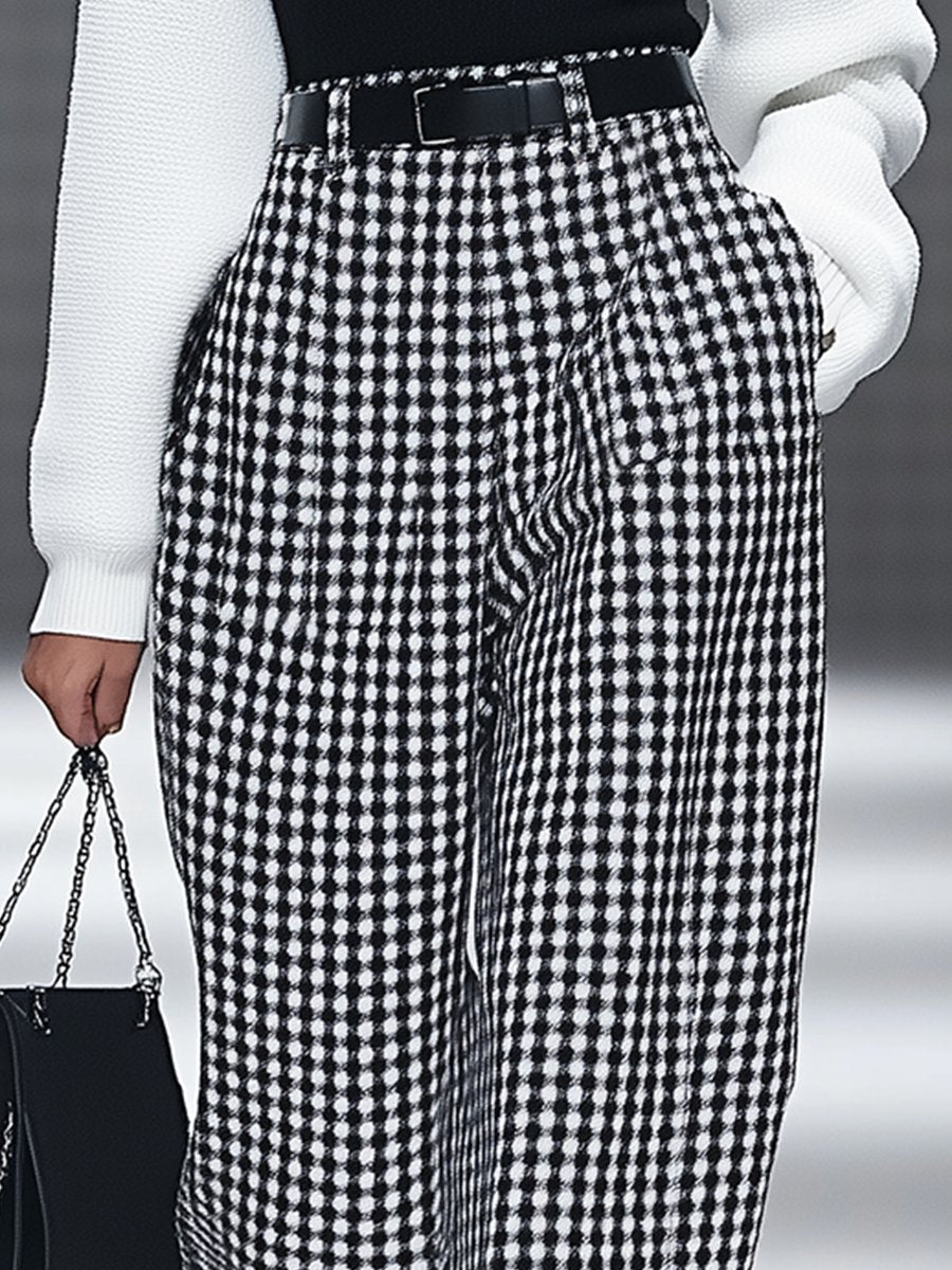 Fashion Retro Houndstooth Pocket Straight Pants - By Qivii