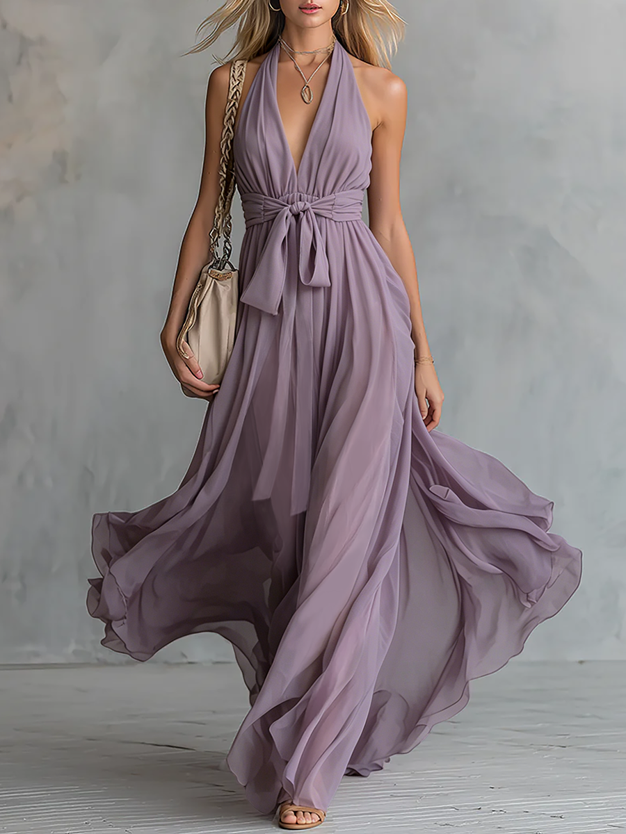 Elegant And Stylish Halter Neck V-neck Sleeveless Chiffon Maxi Dress - By Qivii