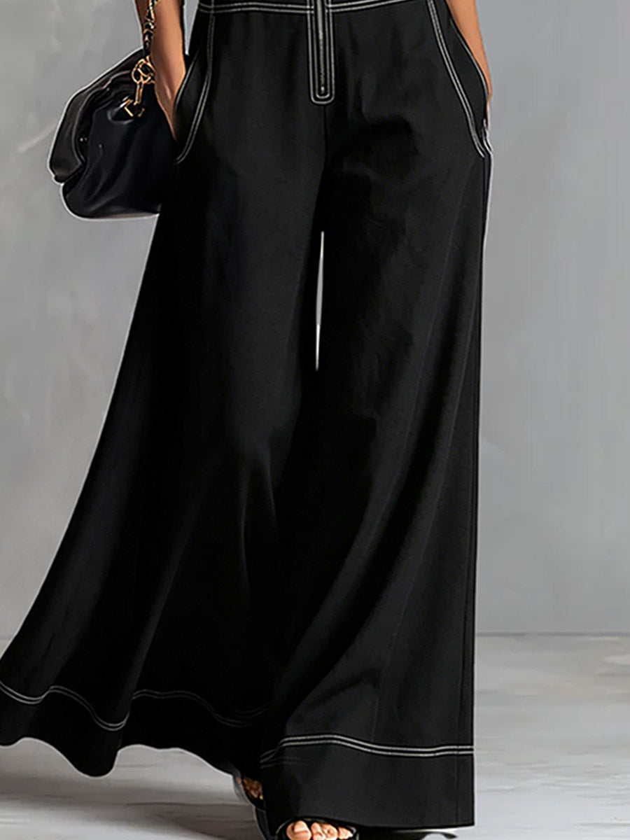 Stylish And Elegant Front-zip Black Tencel Denim Sleeveless Wide-leg Jumpsuit - By Qivii