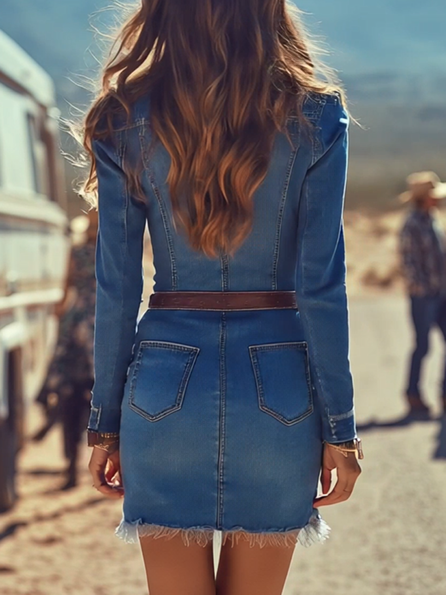 Fashion Casual Button Denim Blue Long Sleeve Raw Edge Mini Dress - By Qivii