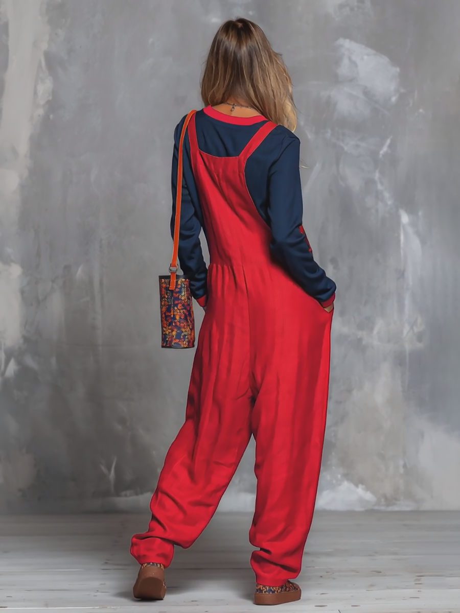 Retro Bohemian Style Color-blocked Cotton And Linen Top And Overalls Set - By Qivii