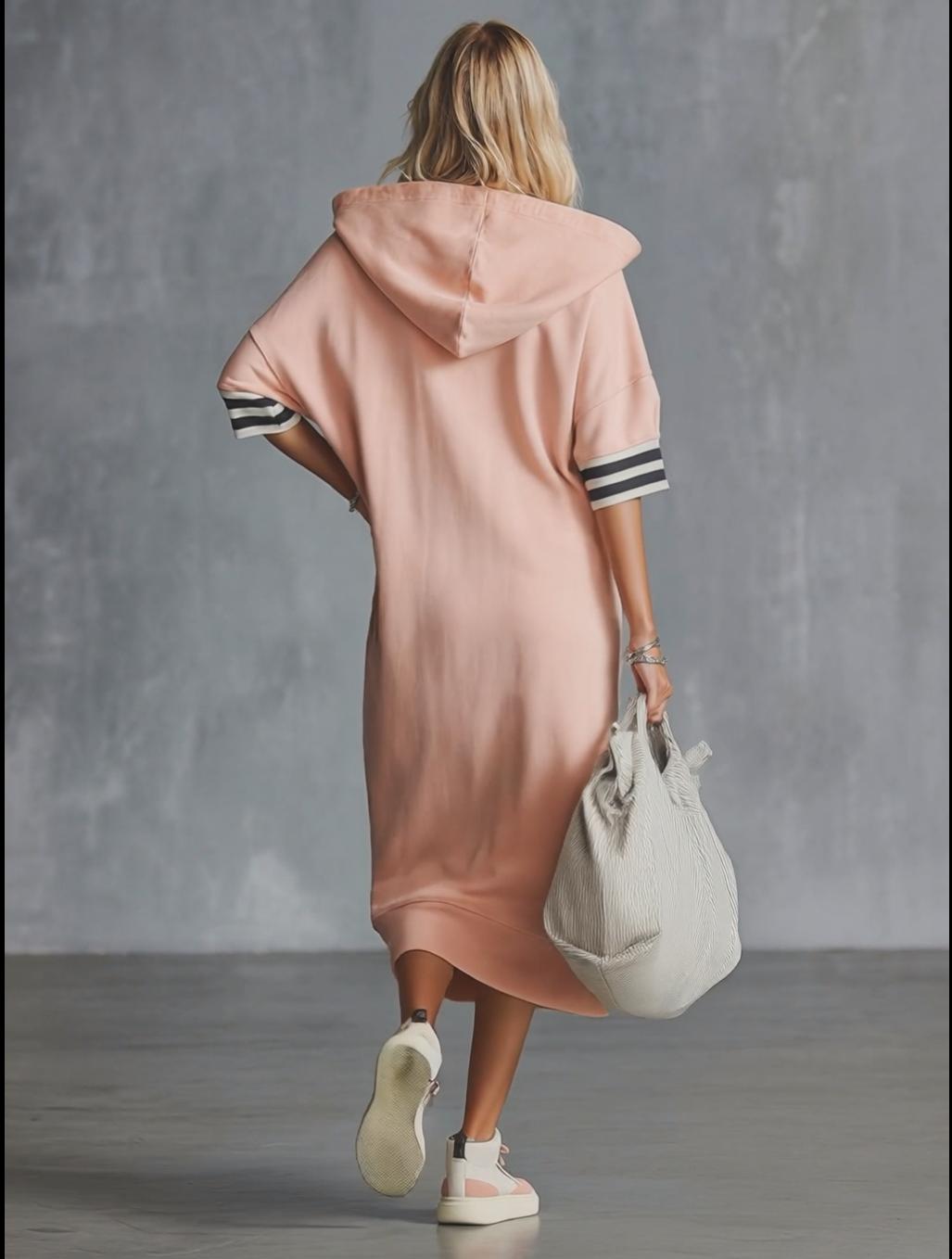 Casual Fashion Sporty Hooded Front Zipper Short-sleeved Cherry Blossom Pink Cotton Midi Dress - By Qivii