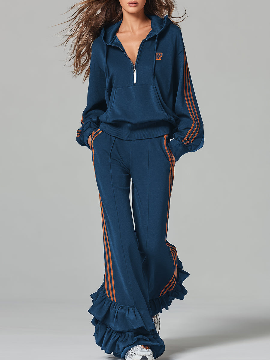 Casual Ruffle Trim Dark Blue Hooded Sweatshirt And Trousers Sports Set - By Qivii