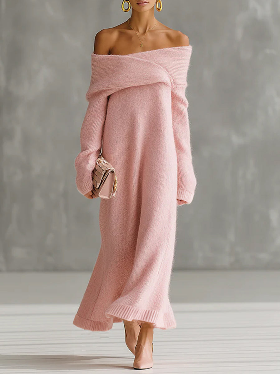 Pink Mohair One-shoulder Loose Maxi Dress - By Qivii