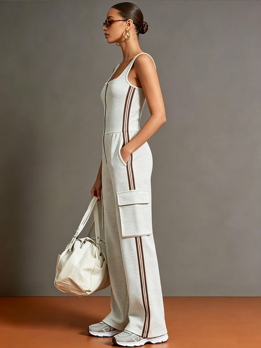 Sporty Retro Striped Webbing Grey And White Cotton Square Neck Zipper Sleeveless Jumpsuit  - By Qivii