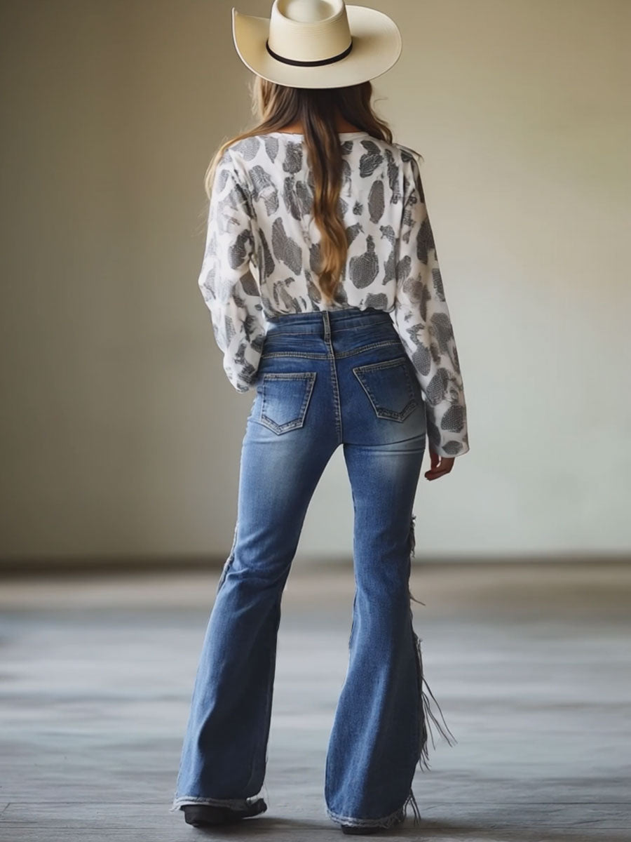 Vintage Blue Flared Fringe Jeans  - By Qivii