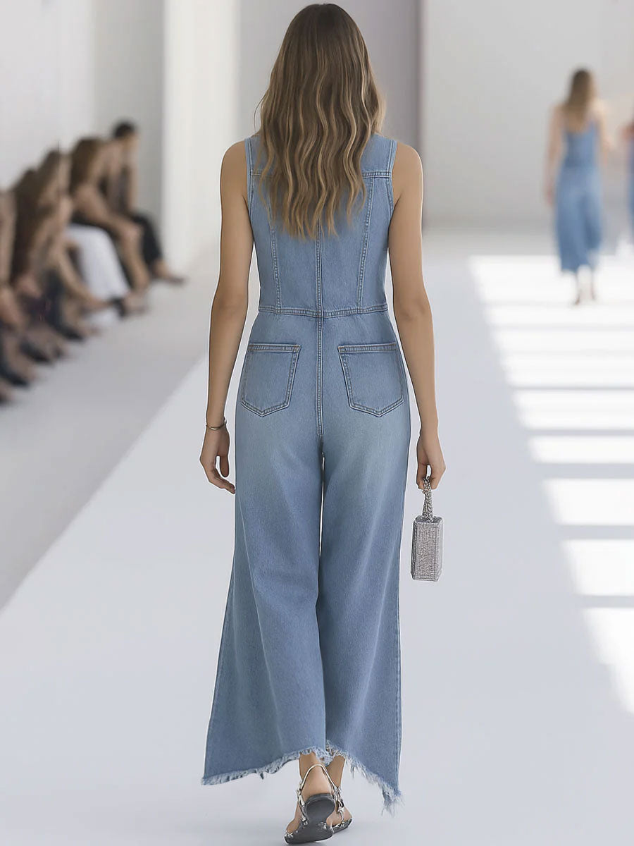 Western Retro Light Blue Denim Sleeveless Raw Edge Wide Leg Zipper Jumpsuit  - By Qivii