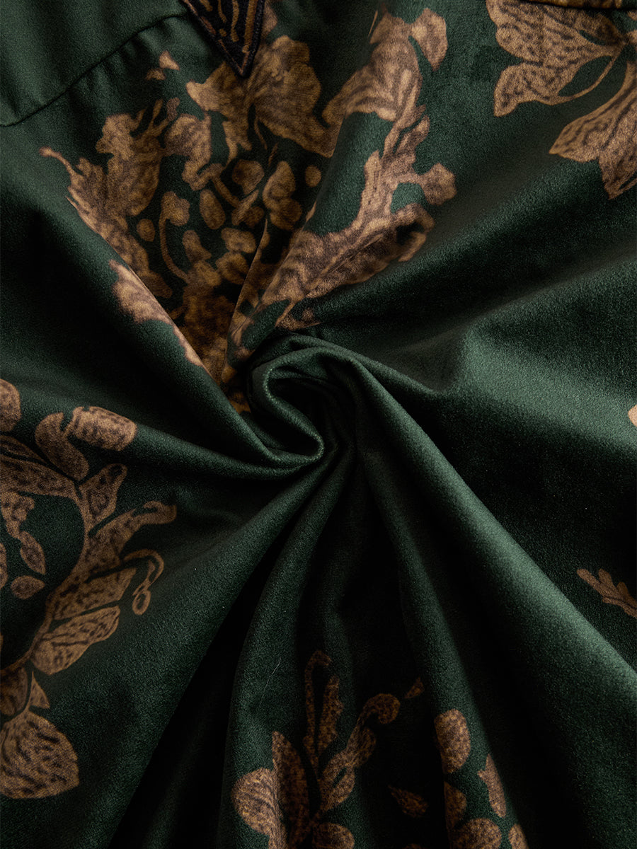 Retro Silhouette Printed Green Faux Suede Tassel Maxi Dress  - By Qivii