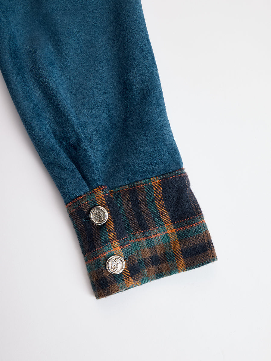 Retro Ethnic Style Belt Blue Faux Suede Plaid Maxi Dress  - By Qivii