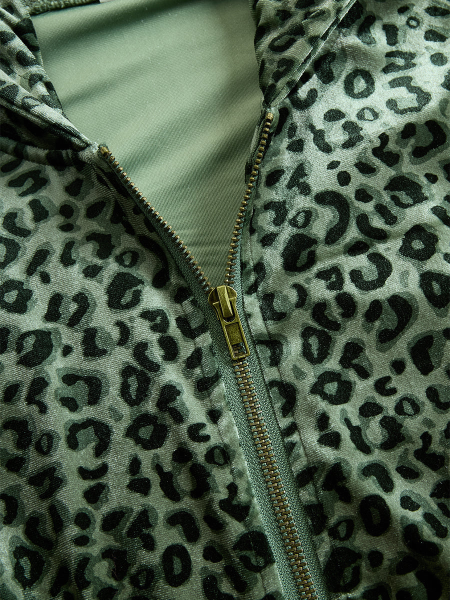 Retro Elegant Green Leopard Print Hooded Velvet Jumpsuit  - By Qivii