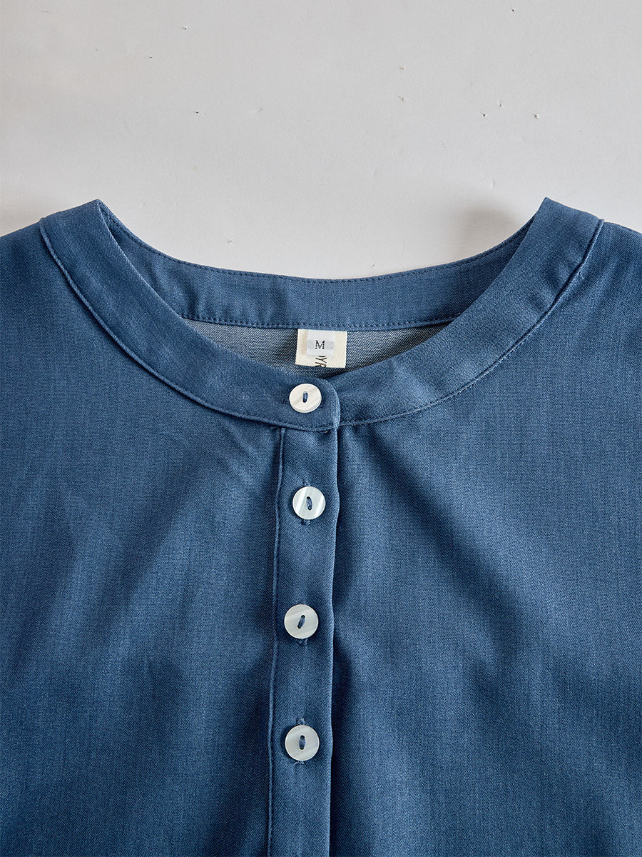 Retro Blue Tencel Denim Short-sleeved Maxi Dress  - By Qivii