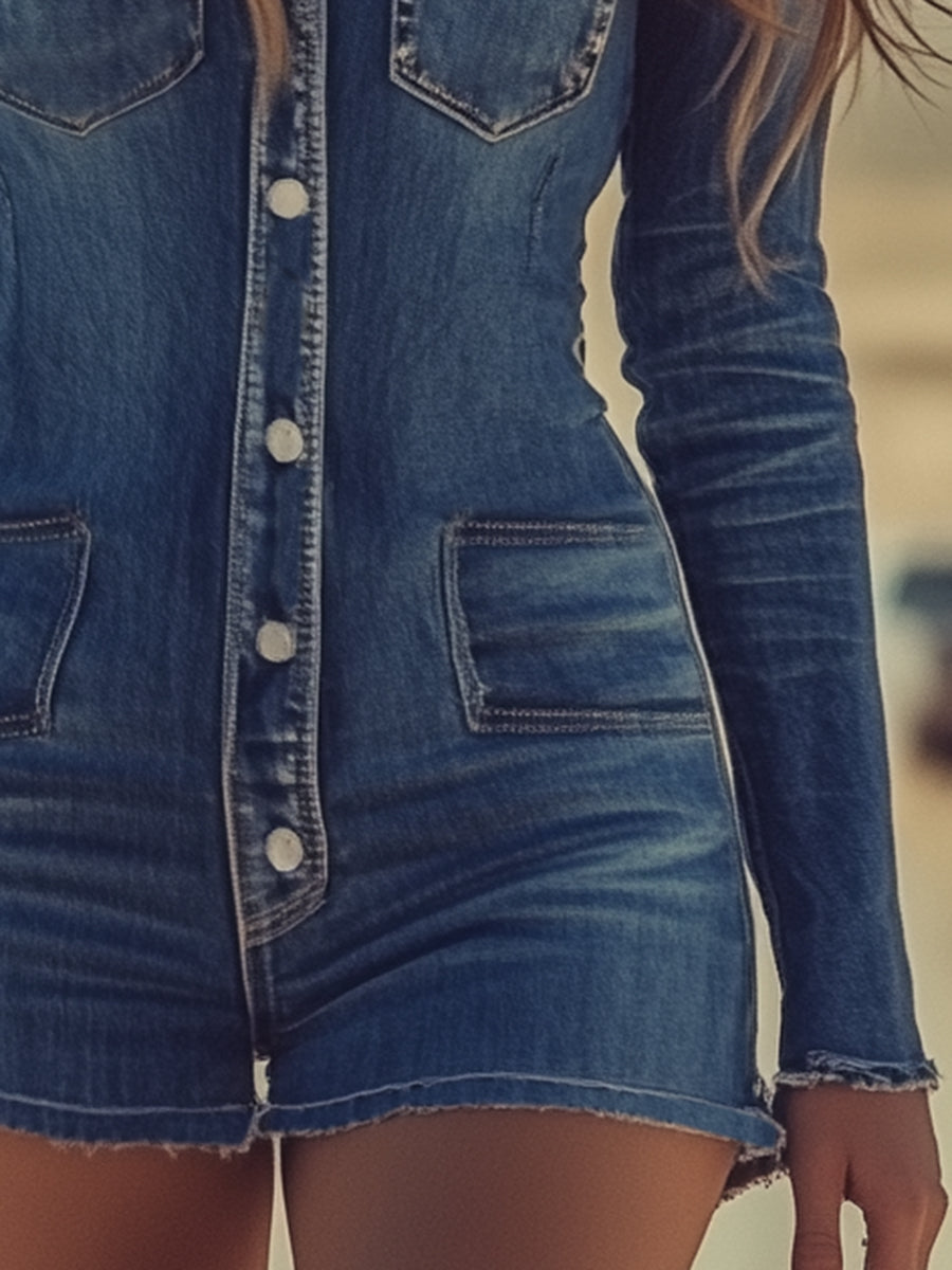 Casual Retro Button Denim Blue Long Sleeve Jumpsuit  - By Qivii