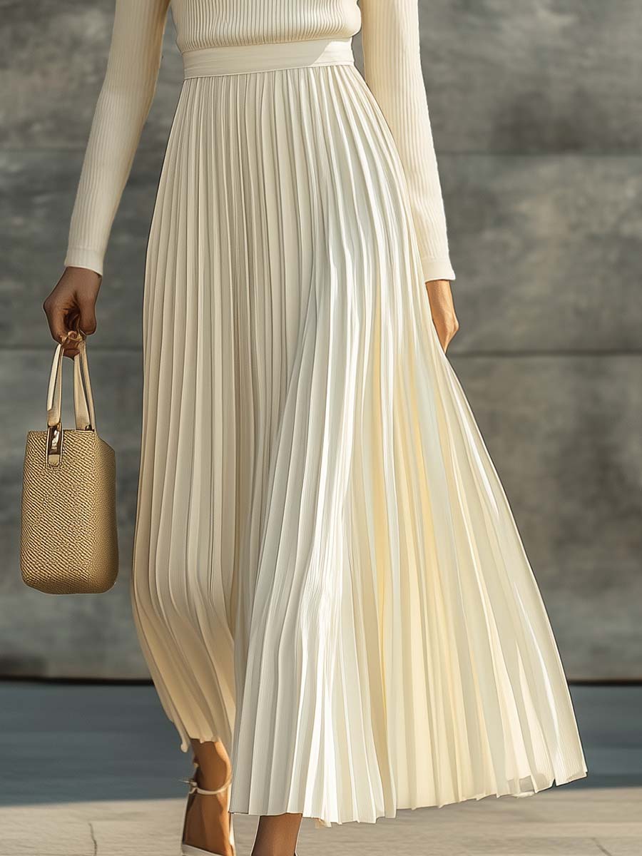 Elegant Casual And Comfortable Long-sleeved Cream Knitted Satin Pleated Hem Maxi Dress  - By Qivii