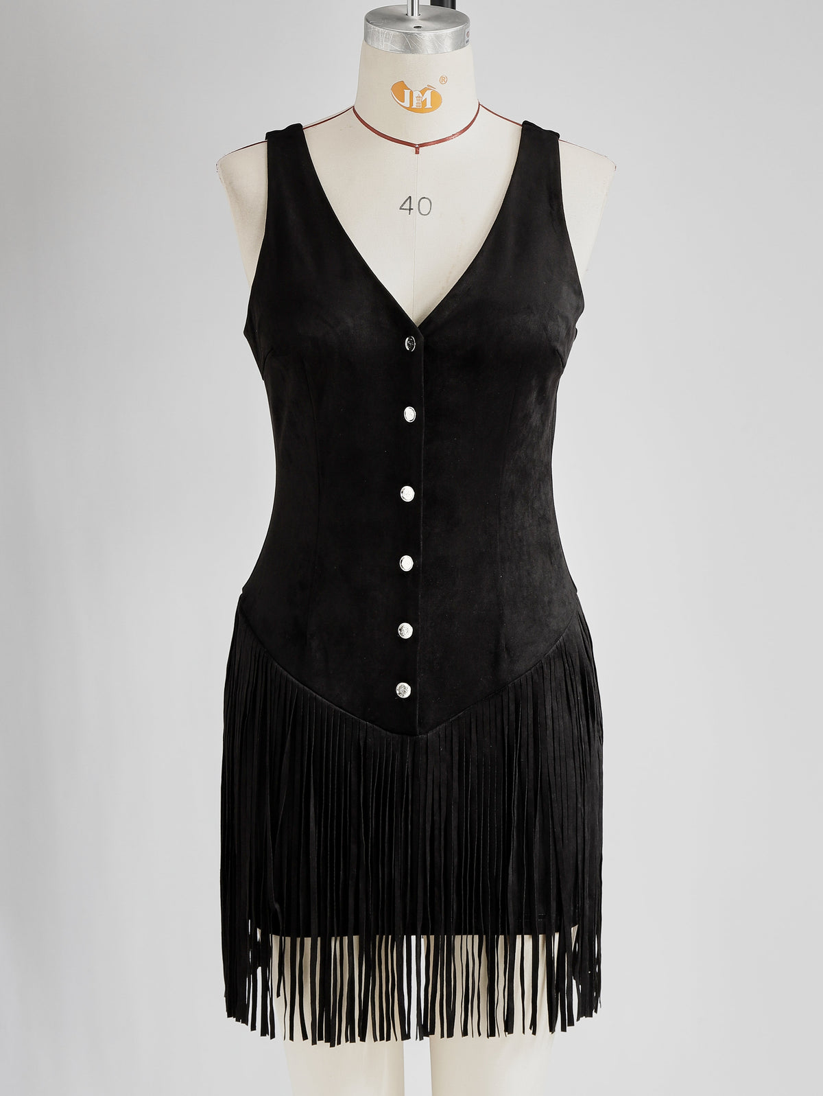 Western Retro Tassel Black Sleeveless V-Neck Faux Suede Mini Dress  - By Qivii