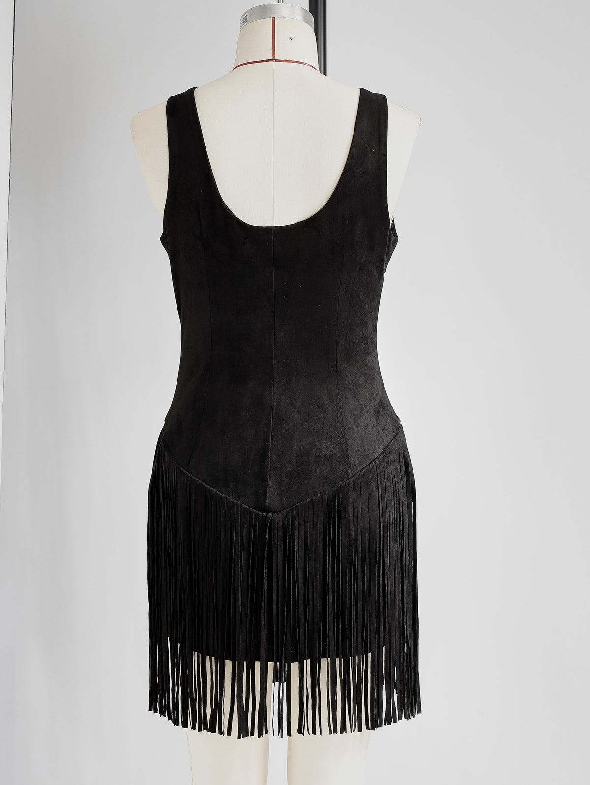 Western Retro Tassel Black Sleeveless V-Neck Faux Suede Mini Dress  - By Qivii
