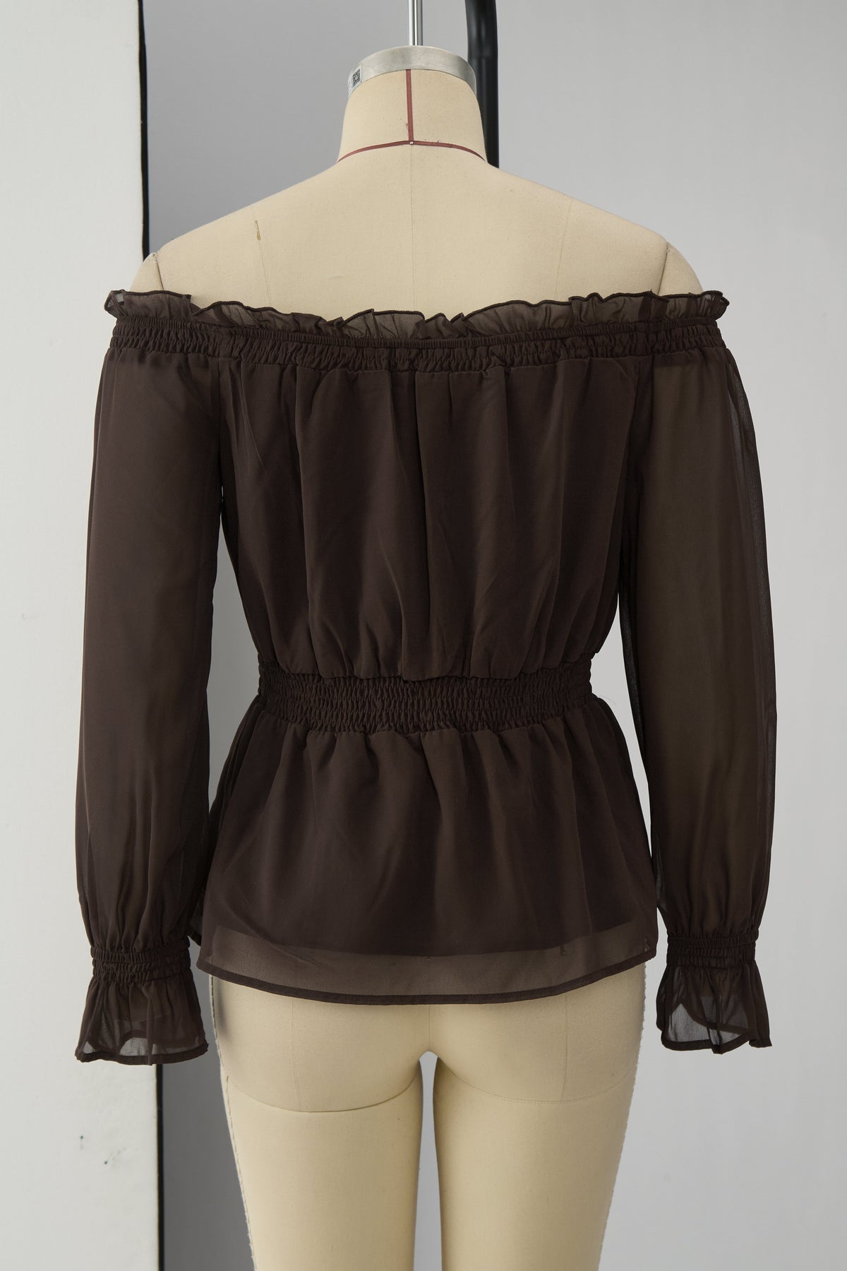 Fashionable Retro Ruffled Brown Off-shoulder Chiffon Blouse  - By Qivii