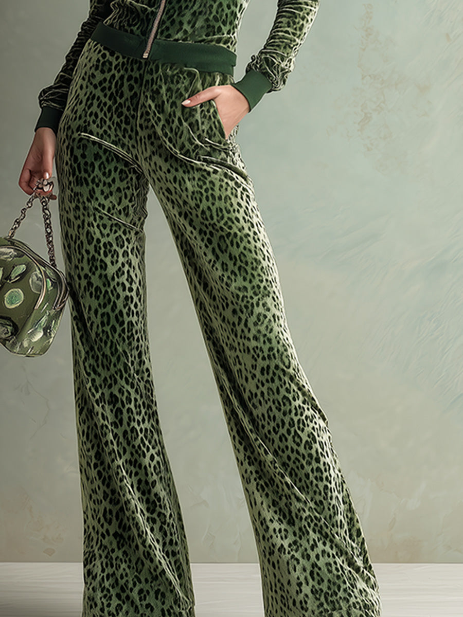 Retro Elegant Green Leopard Print Hooded Velvet Jumpsuit  - By Qivii