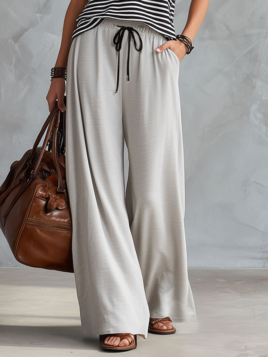 Sporty Retro Black And White Striped Half-Zip Sleeveless T-Shirt And Wide-Leg Pants Set  - By Qivii