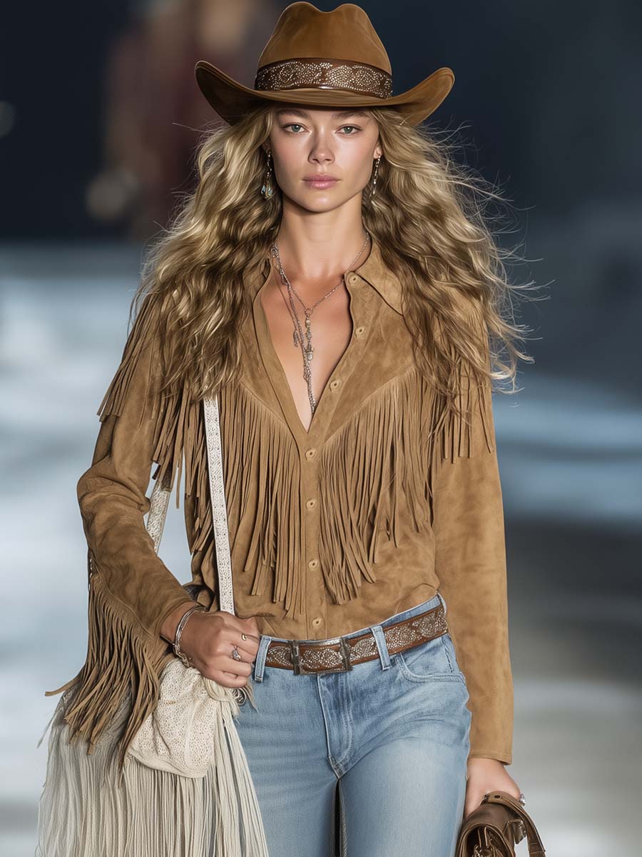 Casual Vintage Western Button Front Tassel Long Sleeve Light Brown Fuax Suede Shirt Top  - By Qivii