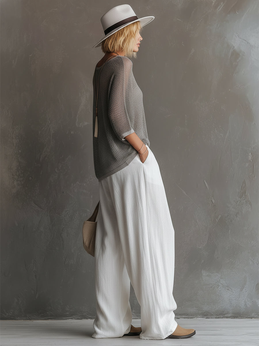 Simple Urban Gray Mesh Knit T-shirt And White Cotton Linen Wide-leg Pants Set  - By Qivii