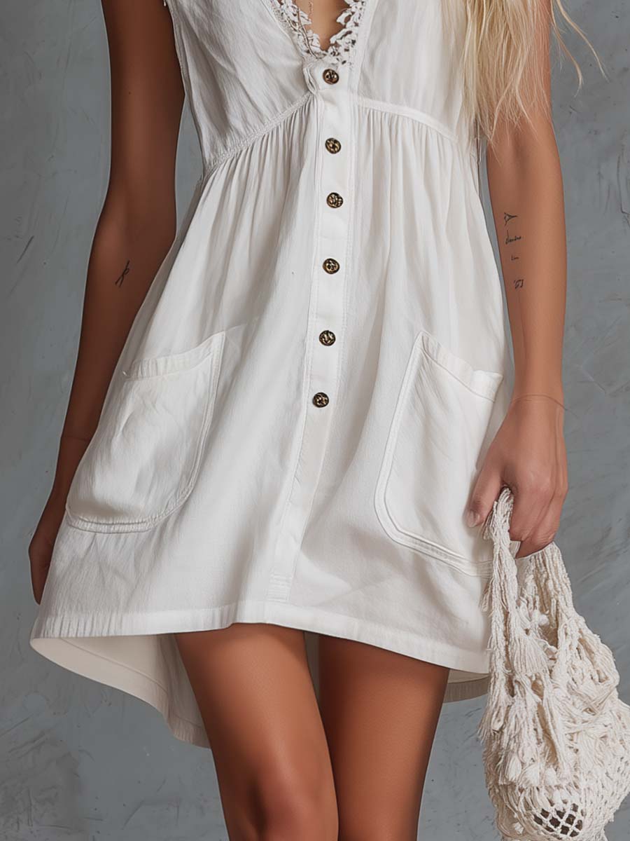Elegant Vintage Western Lace V-neck Front-button White Cotton Mini Dress  - By Qivii