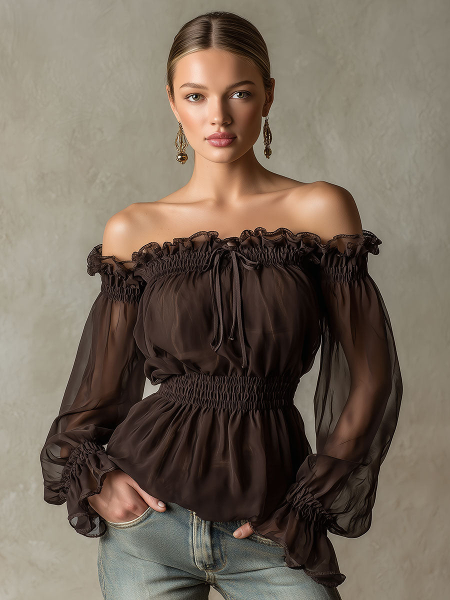 Fashionable Retro Ruffled Brown Off-shoulder Chiffon Blouse  - By Qivii