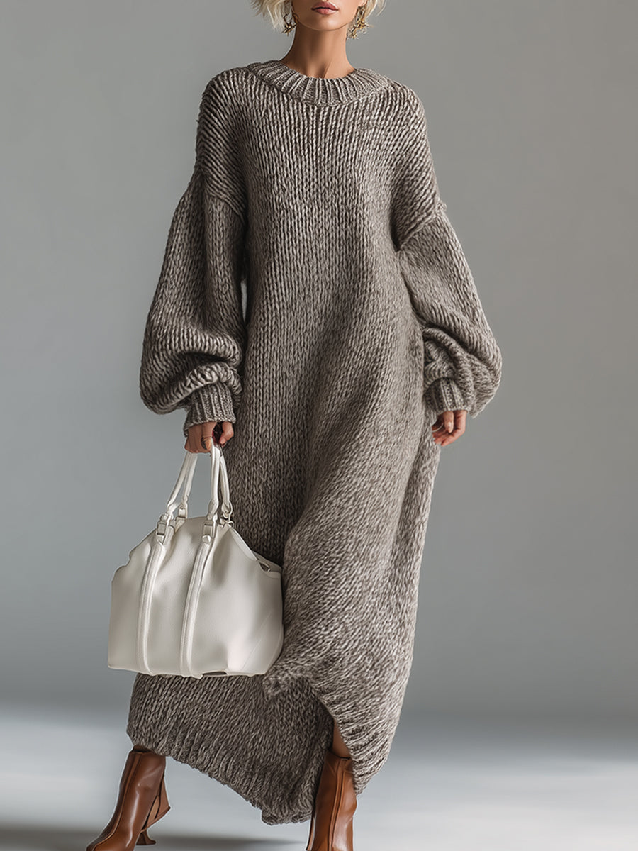 Elegant Urban Silhouette Round Neck Heathered Khaki Knitted Maxi Dress  - By Qivii