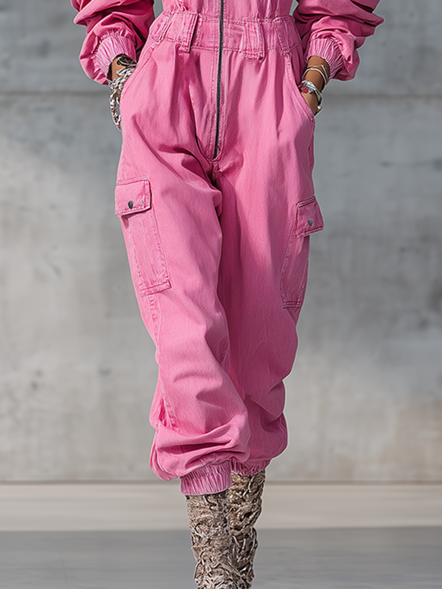 Stylish And Modern Long-sleeved Strappy Tapered Legs Pink Denim Jumpsuit  - By Qivii