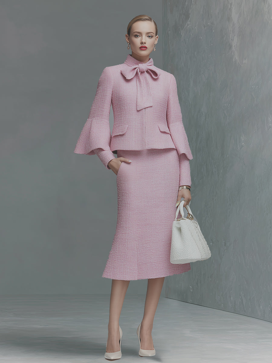 Elegant Neckline Bow Tie Trumpet Sleeve Jacket Skirt Tweed Set  - By Qivii