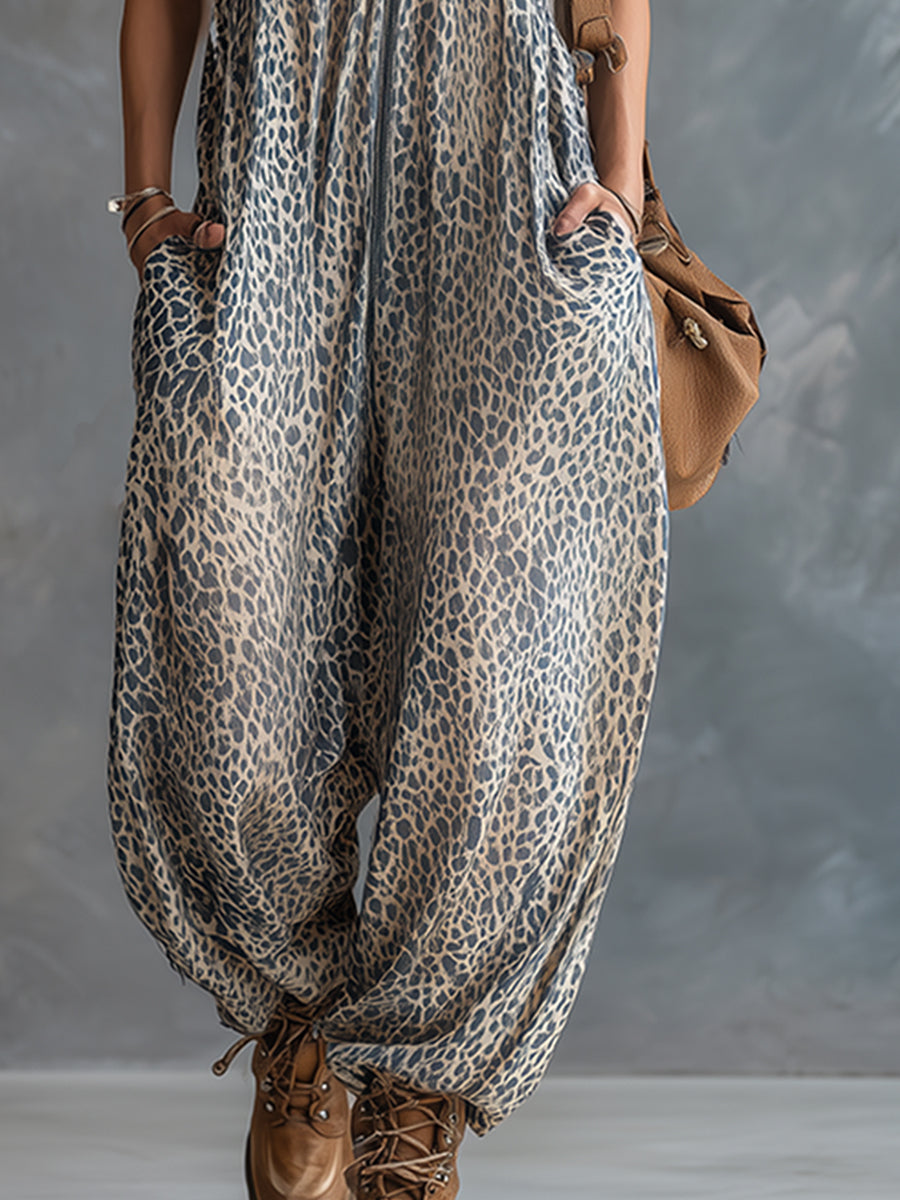 Stylish Urban Apricot-colored Leopard Print Hooded Chiffon Jumpsuit  - By Qivii