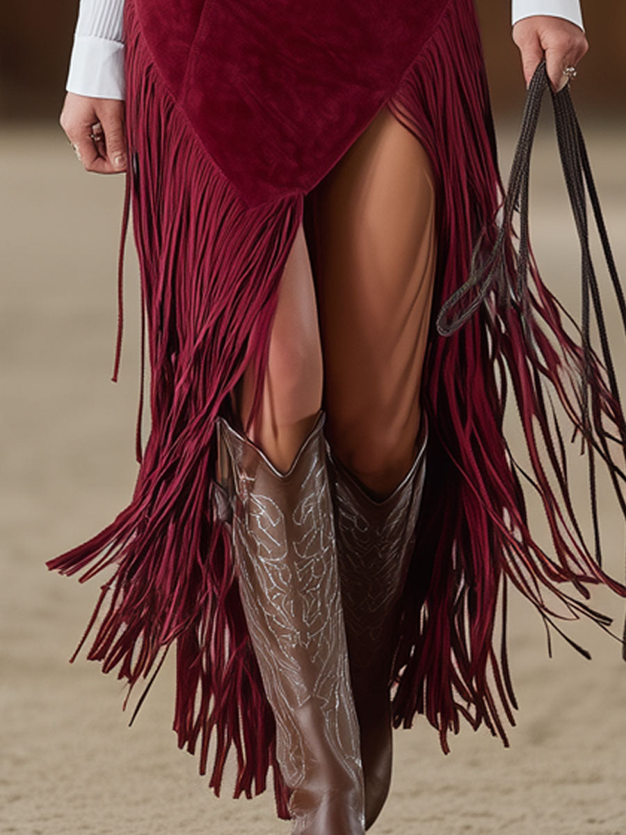 Western Retro Red Faux Suede Slit Fringe Midi Skirt  - By Qivii