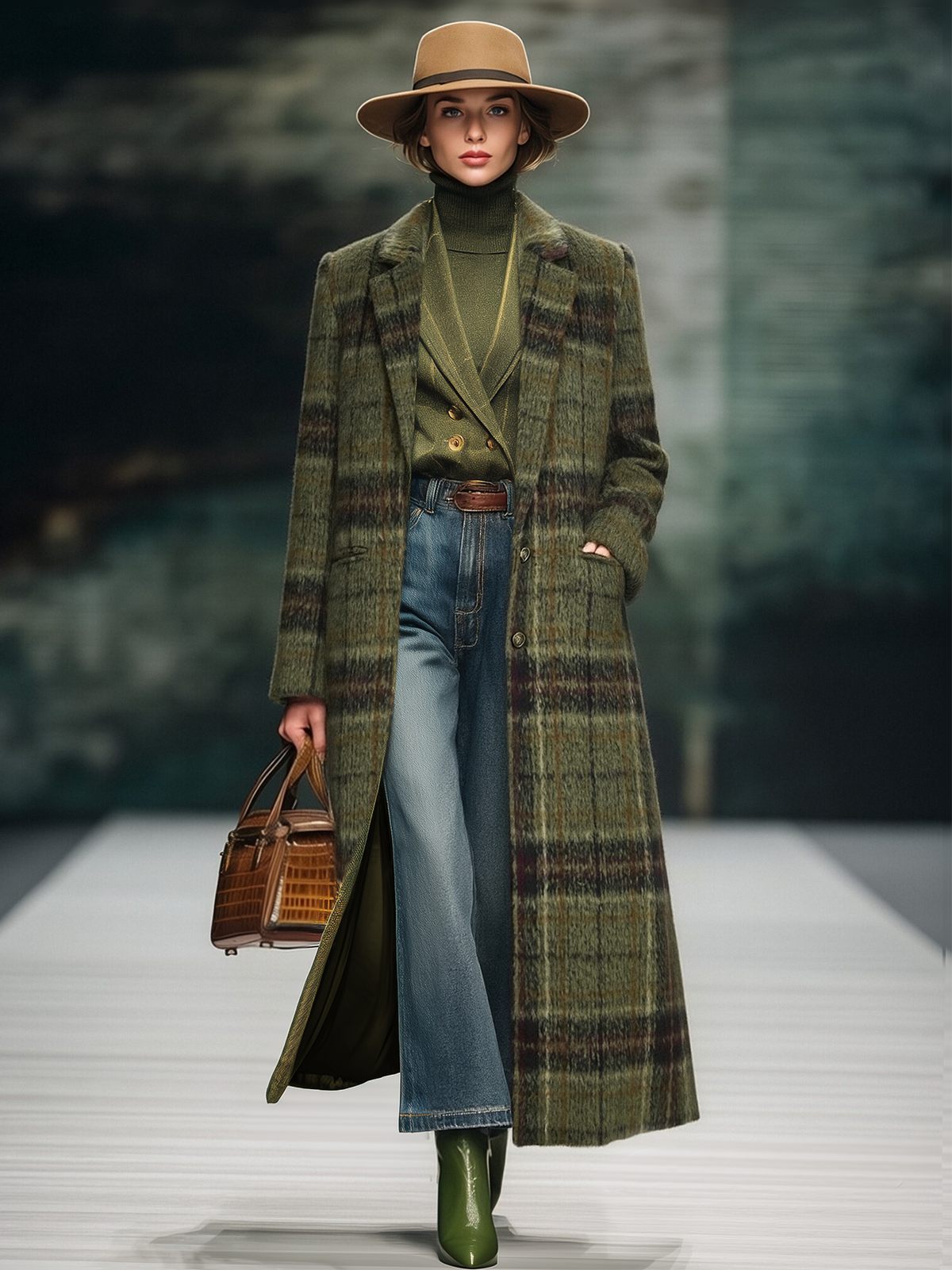 Retro Plaid Long Tweed Coat  - By Qivii