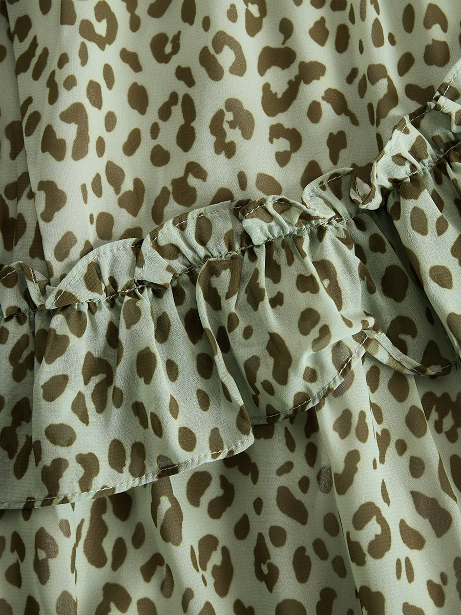 Vintage And Elegant V-neck Ruffled Leopard Print Chiffon Midi Dress  - By Qivii