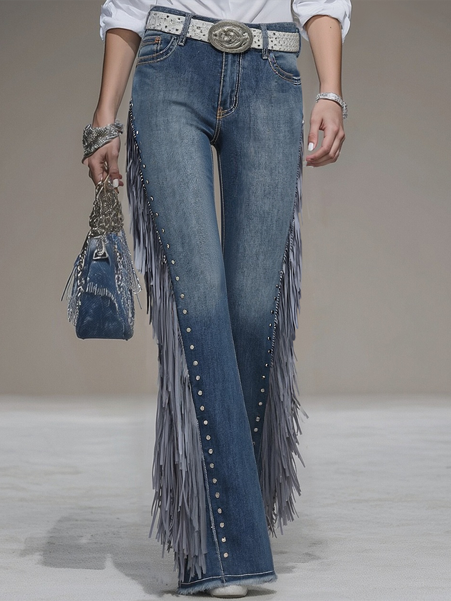 Western Blue Denim Side Tassel Rivet Flared Pants  - By Qivii