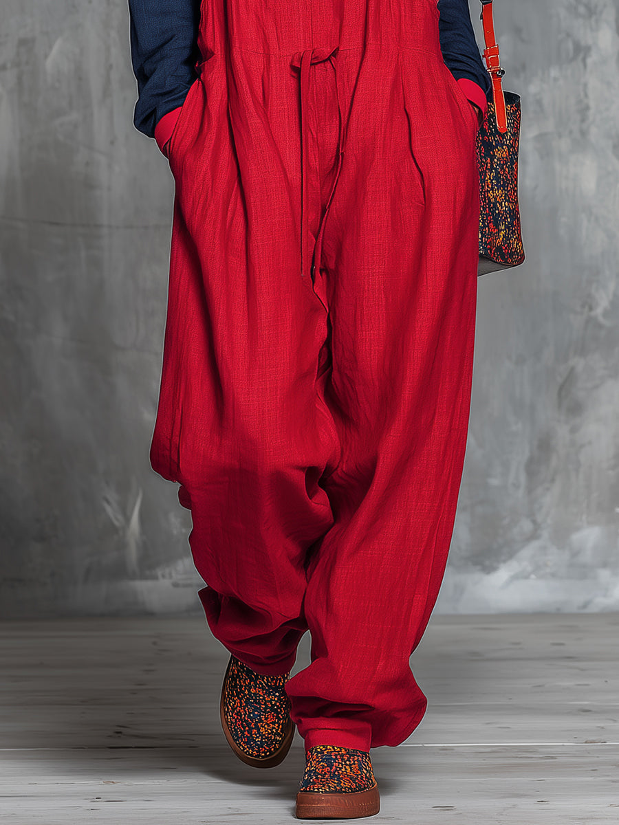 Retro Bohemian Style Color-blocked Cotton And Linen Top And Overalls Set  - By Qivii