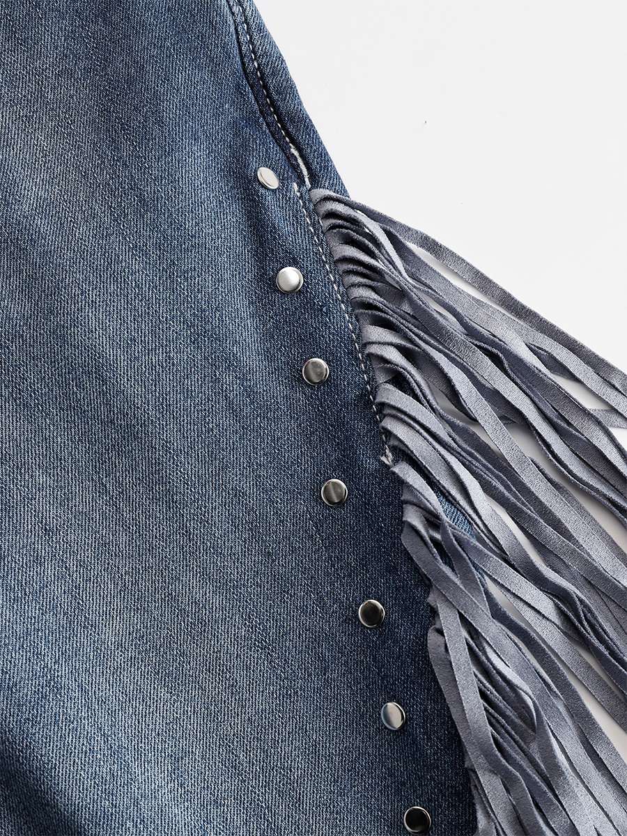 Western Blue Denim Side Tassel Rivet Flared Pants  - By Qivii