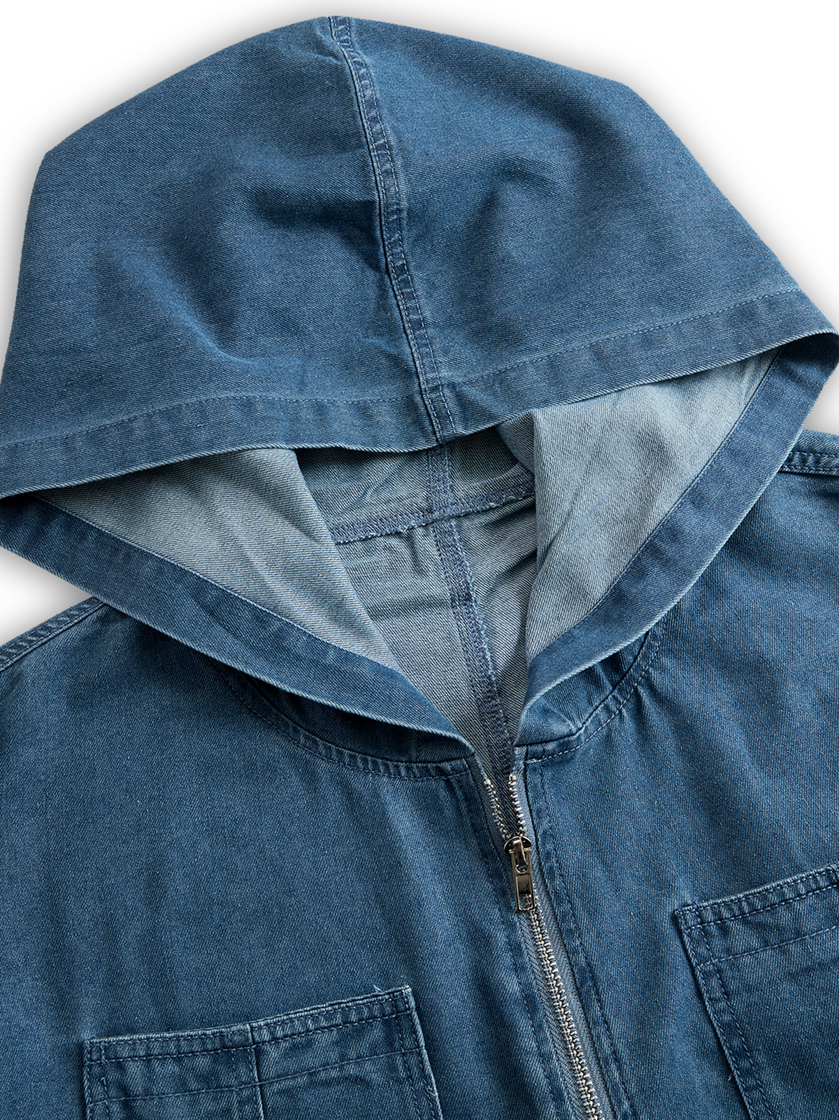 Casual Loose Retro Pocket Long Sleeve Hooded Zipper Denim Jumpsuit  - By Qivii