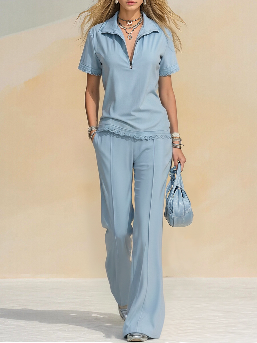 Retro-style Sporty  Lace Trim Short Sleeve T-shirt And Flared Pants Set  - By Qivii