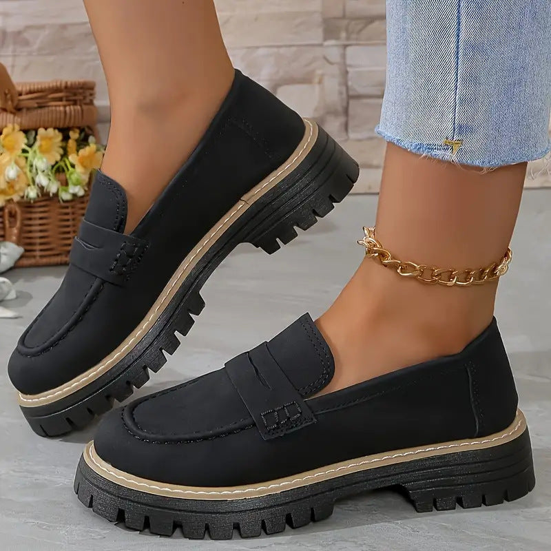 Women's Plus Size Casual Retro Suede Loafers with Chunky Heel Platform