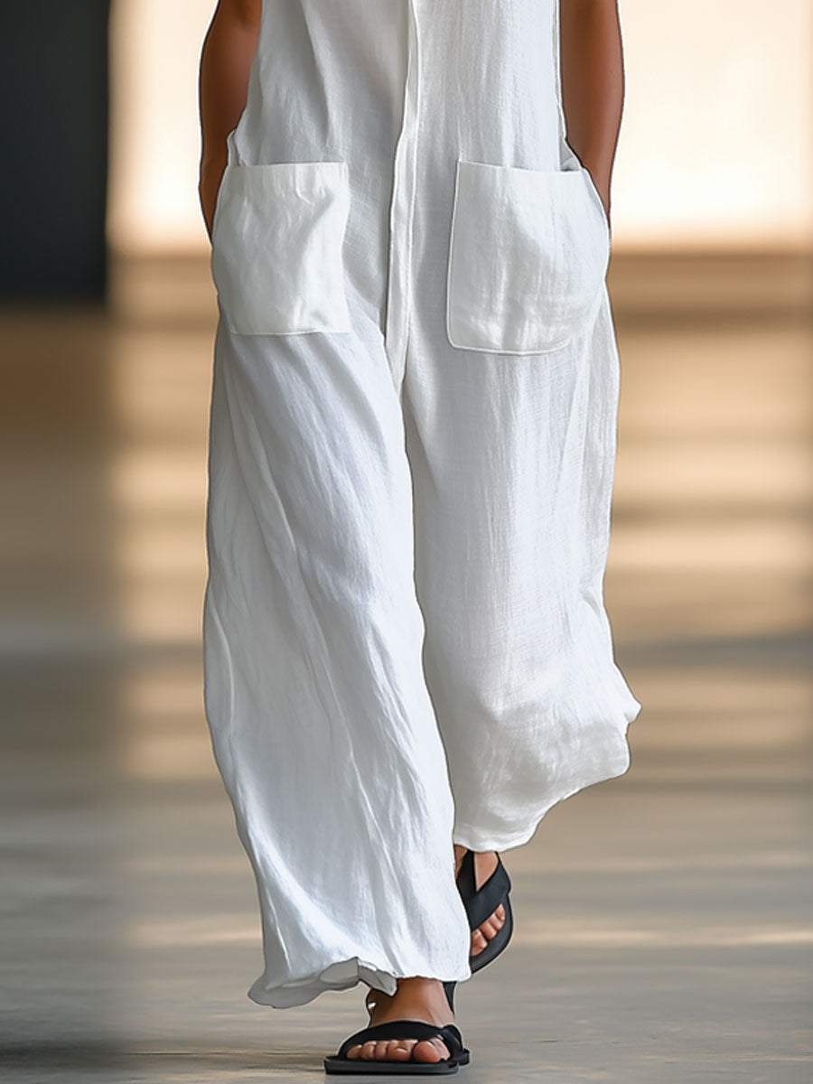 Casual Loose Retro White Breathable Linen Sleeveless Wide Leg Pants Jumpsuit  - By Qivii