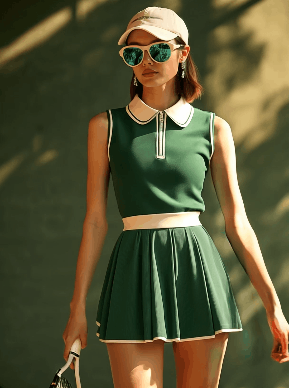 Casual Fashion Polo Neck White Trim Green Sleeveless Mini Dress - By Qivii